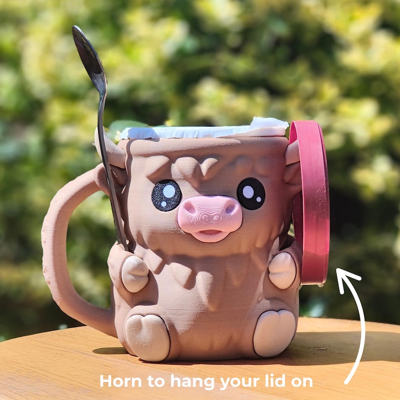 Ferdinand Highland Cow mug, quirky kitchen decor, kawaii gift with lid on horn, unique coffee lover gift for holidays