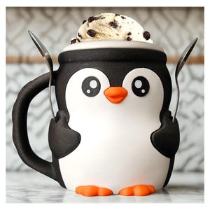 Porta helados de pingüino, decoración de cocina divertida y personalizada, regalo de animalito, compatible con Ben & Jerry's Haagen-Dazs, ranura para cuchara, decoración original para sofá