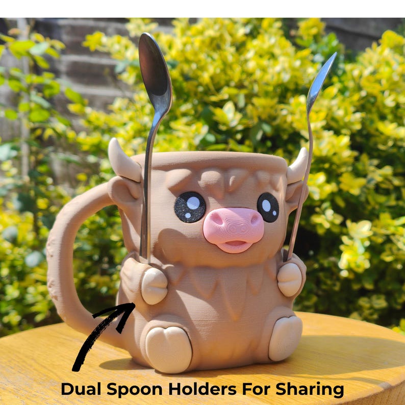 Ferdinand Highland Cow mug 16x13cm, quirky decor, kawaii gift with hidden snack drawer and dual spoon holders for sharing