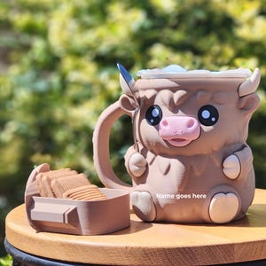 Ferdinand Cow mug 16x13cm, quirky decor, kawaii gift with custom name on belly, ice cream holder, spoon, biscuit compartment