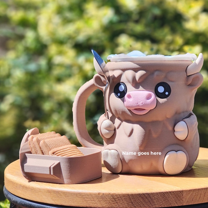 Ferdinand Cow mug 16x13cm, quirky decor, kawaii gift with custom name on belly, ice cream holder, spoon, biscuit compartment