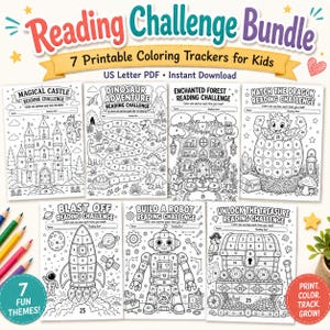 May include: A digital reading challenge bundle featuring seven printable colouring trackers for kids. Each page includes themed illustrations like a castle, dinosaur, forest, dragon, rocket, robot, and treasure chest with numbered sections to colour.
