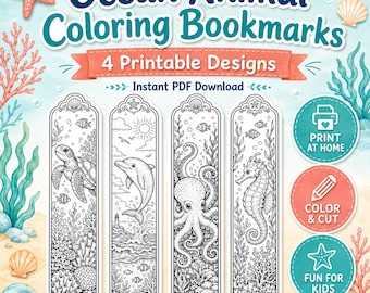 Ocean Animal Coloring Bookmarks | Turtle, Dolphin, Octopus, Seahorse Designs (PDF Download)