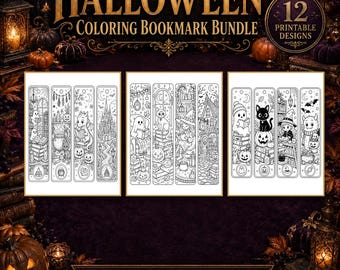 Halloween Coloring Bookmarks Bundle, 12 Spooky Reading Designs for Kids, PDF Download
