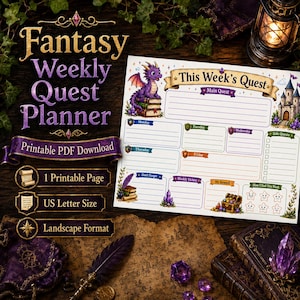 May include: A weekly planner sheet titled This Week's Quest featuring a purple dragon on books, a castle, and sections for daily tasks, side quests, and rewards. The layout includes labeled boxes for Monday through Friday, a weekly victory section, and a mood tracker with star icons.
