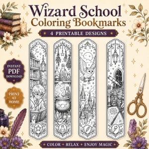 May include: Four black and white printable bookmarks featuring wizard school themes including a student reading, a bubbling cauldron, a castle with an owl, and a telescope. The text reads Wizard School Coloring Bookmarks, 4 Printable Designs, Instant PDF Download, Print At Home, and Color Relax Enjoy Magic.