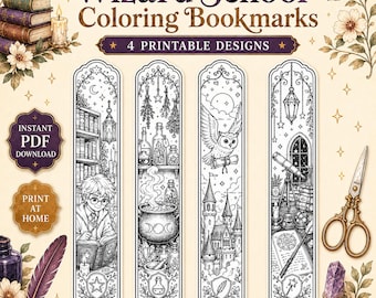 Wizard School Coloring Bookmarks | Spellbook, Potions, Owl, Magic Designs (PDF Download)
