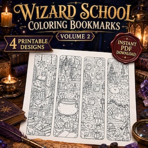 May include: A set of four printable colouring bookmarks titled Wizard School Colouring Bookmarks Volume 2. The black and white line art designs feature magical classroom scenes, a bubbling cauldron, owls in a tower, and a cosy bedroom setting.