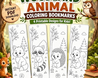 Segnalibri da colorare con animali del bosco per bambini / Volpe, procione, riccio e scoiattolo (PDF stampabile)