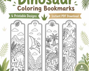 Dinosaur Coloring Bookmarks | Stegosaurus, Pterodactyl, Ankylosaurus Designs (PDF Download)