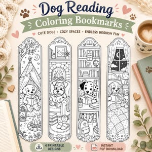 Segnalibri da colorare con cani che leggono / Disegni di cuccioli, biblioteca, falò e ora di andare a dormire (download in PDF)
