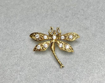 Vintage Dragonfly Mini Brooch, Gold Tone Clear Rhinestones Small Figurine Lapel Pin, Estate Jewelry, Gift for Friend.