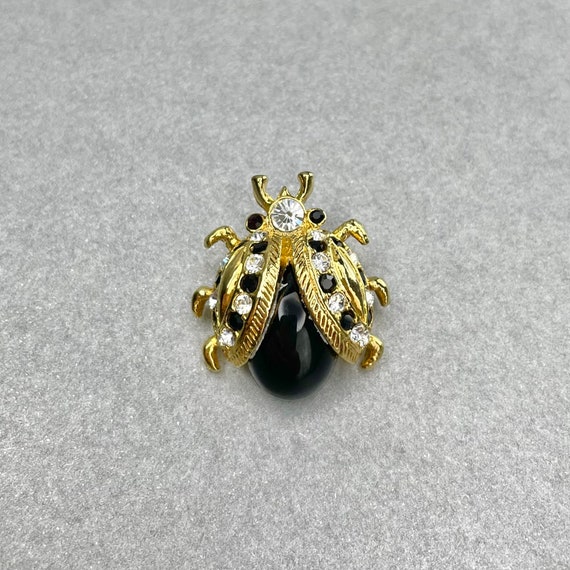 Vintage Black Bug Mini Brooch, Gold Tone Clear Rh… - image 2