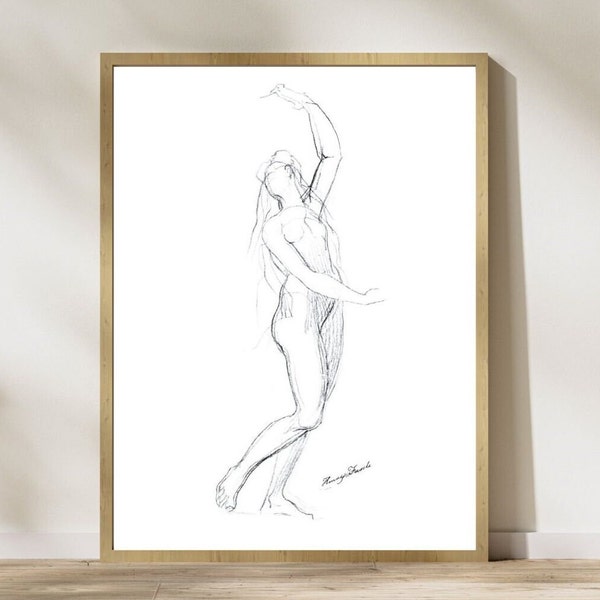 Antique Woman's Body Sketch Digital Download Print, Pencil Drawing Wall Art, AI Restored JPG File 300 dpi, 1800s Artist Signed.