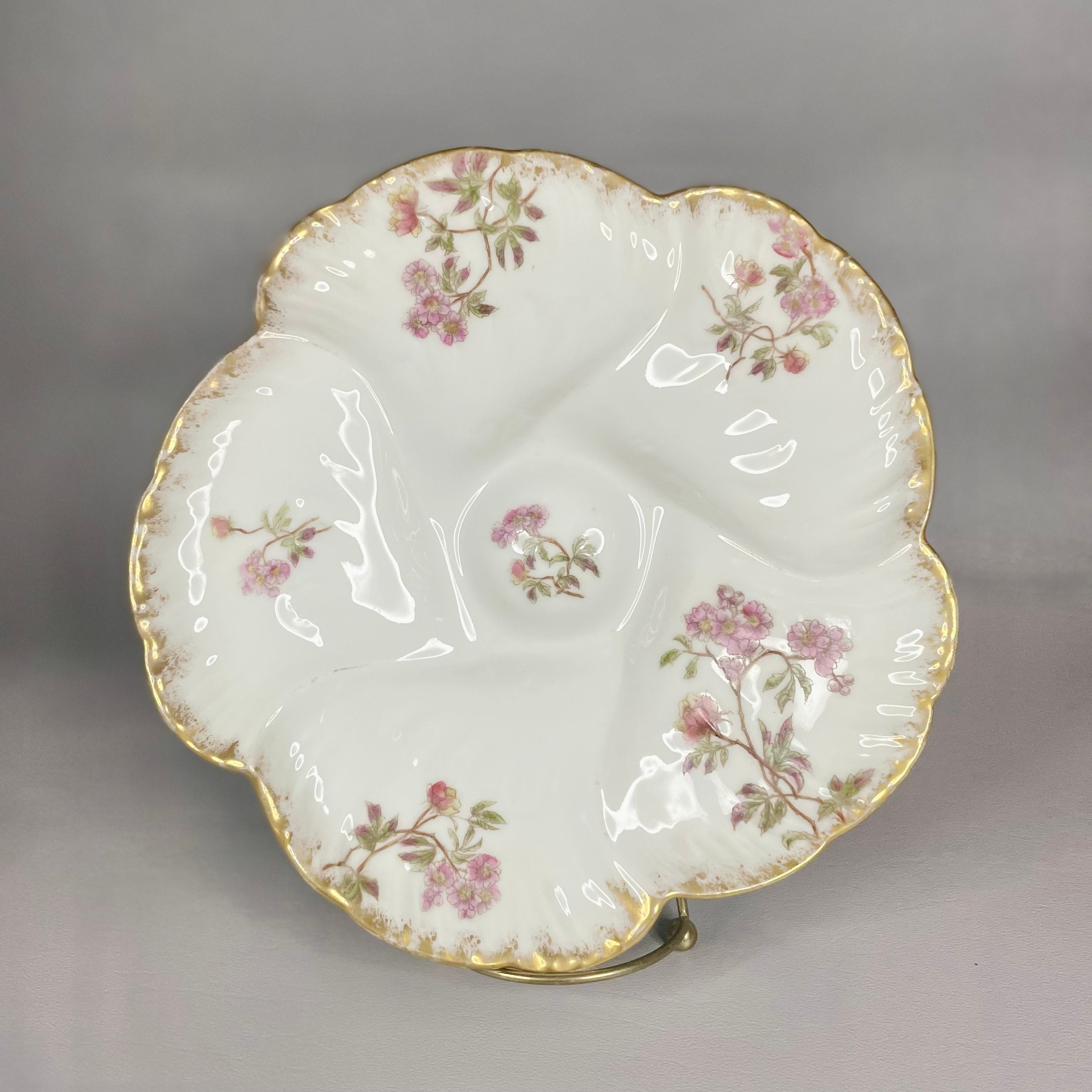 Antique Limoges Oyster Plate: Pink Roses, Gold Trim, CFH GDM