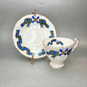 Vintage Adderley England Bone China Teacup and Saucer, Nova Scotia Tartan Blue Checkered Pattern Scarf Tea Cup Set, Collectors Gift Idea.