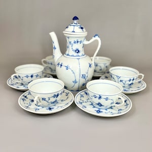 Vintage Royal Copenhagen Teapot Cups Saucers Set, Decorated by Floral Blue White Blue Fluted Half Lace Denmark Pattern, Gift Idea.