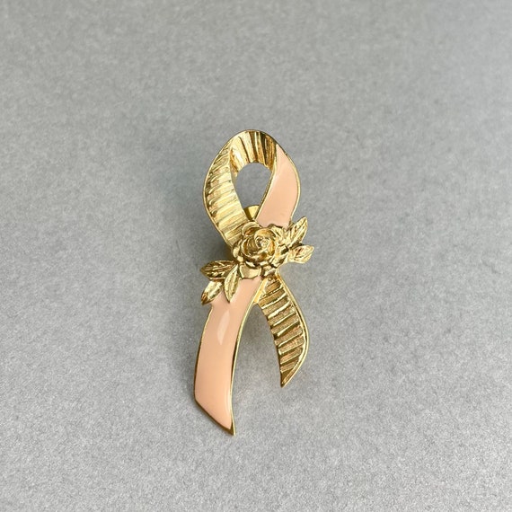 Vintage Avon Pink Ribbon with Rose Pin, Gold Tone… - image 1