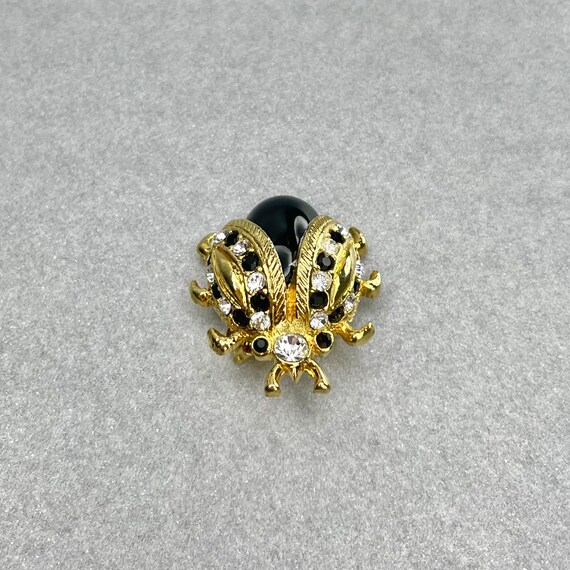 Vintage Black Bug Mini Brooch, Gold Tone Clear Rh… - image 1
