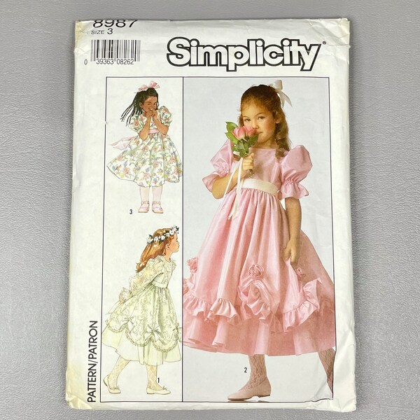 Vintage 1989 Simplicity # 8987 Sewing Cut Pattern, Toddler Size 1, Girls Princess Back Zipper Dress, 1980s Style.