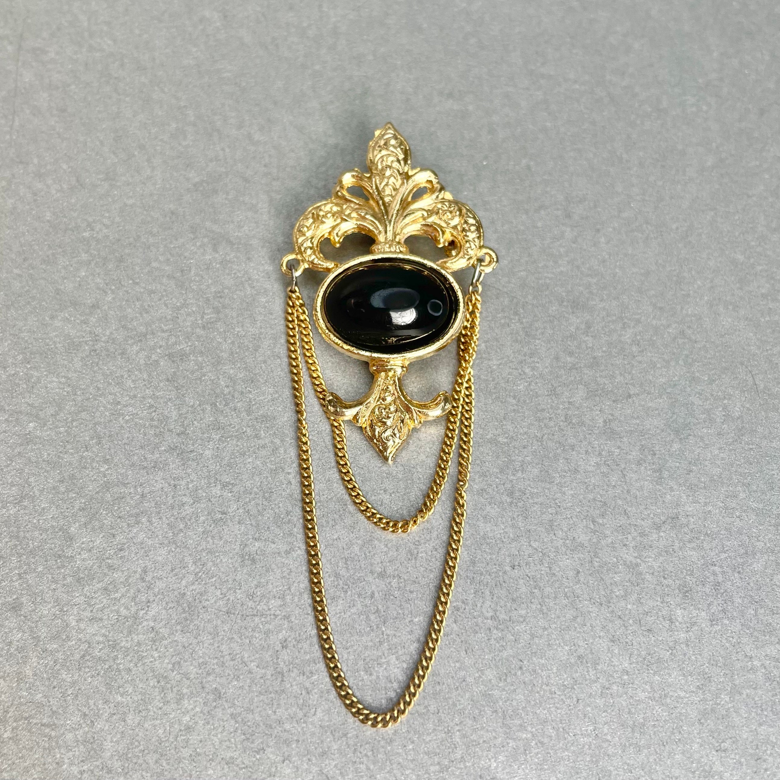 Vintage Bergere Fleur Delis Brooch, Gold Tone Black Oval Cabochon Dangle Chains Lapel Scarf Pin, Signed Estate Jewelry, Gift for Her.
