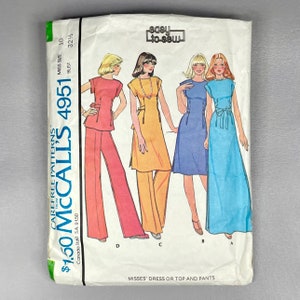 Vintage 1976 McCall’s # 4951 Sewing Cut Pattern, Size 10, Womans Dress or Top and Pants, 1970s Style.