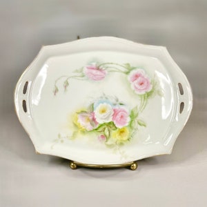 Vintage C.T. Altwasser Trinket Plate, Pink White Yellow Roses on White with Gold Trim Rectangle Artist Signed Vanity Dish Tray, Gift Idea.