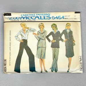 Vintage 1977 McCall’s # 5454 Sewing Uncut Pattern, Size 12, Womans Jacket, Wrap-Skirt, Pants and Blouse Suit, 1970s Style.