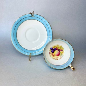 Vintage Aynsley D Jones England Bone China Teacup and Saucer, Turquoise Blue Orchard Fruit Signed Tea Cup Set, Collectors Gift Idea.