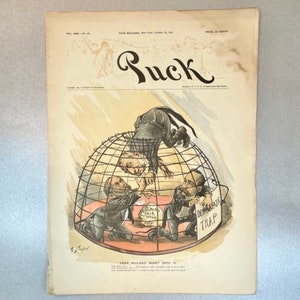 Antique 1891 Puck Paper Magazine October, Political Posters in Journal, Over 100 years Item, Rare Collectible Gift for Friend.