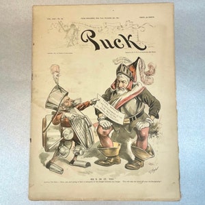 Antique 1891 Puck Paper Magazine November, Political Posters Journal, Over 100 years Item, Rare Collectible Gift for Friend.