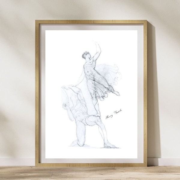 Antique Man and Woman Dance Sketch Digital Download Print, Pencil Drawing Wall Art, AI Restored JPG File 300 dpi, 1800s Artist Signed.