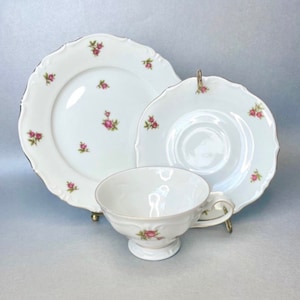 Vintage 1955 Schwarzenbach Winterling Bavaria Western Germany TeaCup Saucer and Plate Set, Pink Rosebuds Tea Cup Set, Collector Gift Idea.