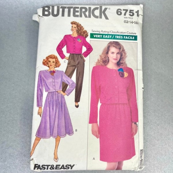 Vintage 1988 Butterick # 6751 Sewing Uncut Pattern, Size 12 14 16, Womans Misses Petite Jacket Knee Skirt and Pants Suit, Couture Style.