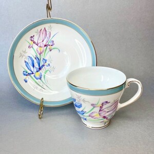Vintage Royal Grafton Bone China Teacup and Saucer: Blue Pink Iris, Made in England