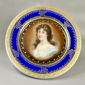 Antique Royal Vienna Cabinet Plate, Cobalt Blue Handpainted Woman’s Portrait Gold Plant Pattern and Trim 9 1/2&quot; Plate, Collector Gift Idea.