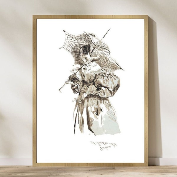 Antique Lady Woman with Umbrella Sketch Digital Download Print, Pencil Drawing Wall Art, AI Restored JPG File 300 dpi, 1800s Artist Signed.