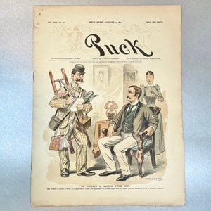 Antique 1891 Puck Paper Magazine August, Political Posters in Journal, Over 100 years Item, Rare Collectible Gift for Friend.