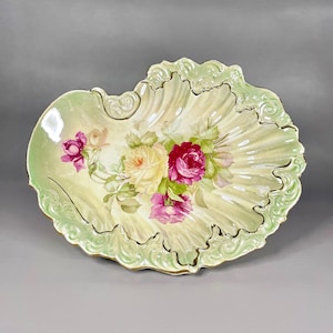 Antique Limoges Cabinet Plate, Pink White Cabbage Roses in Shell Figural 12 inch Plate, Collectors Gift Idea.
