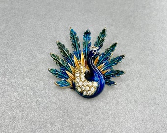 Vintage Art Mode Peacock Bird Mini Brooch, Gold Tone Clear Rhinestones  Blue Enamel Lapel Pin, Signed Estate Jewelry, Gift for Her.
