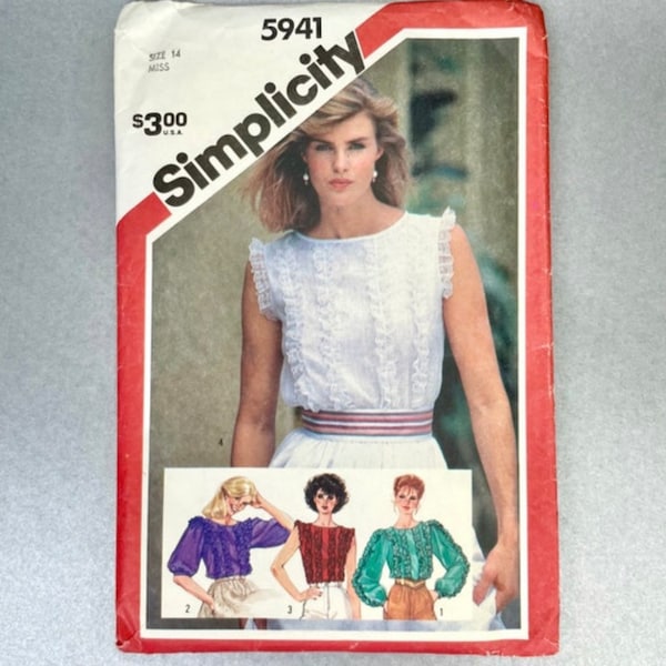 Vintage 1983 Simplicity # 5941 Sewing Cut Pattern, Size 14, Misses Back-Buttoned Ruffled Blouse, Midcentury Modern 1980s Style.