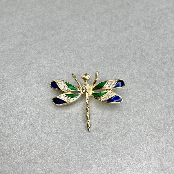 Vintage Dragonfly Mini Brooch, Gold Tone Blue Green Enamel Clear Rhinestones Small Figurine Lapel Pin, Estate Jewelry, Gift for Friend.