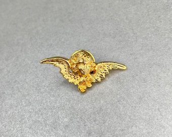 Vintage Angel Head with Wings Pin, Gold Tone Small Figurine Lapel Scarf Guardian Angel Estate Jewelry, Gift for Friend.