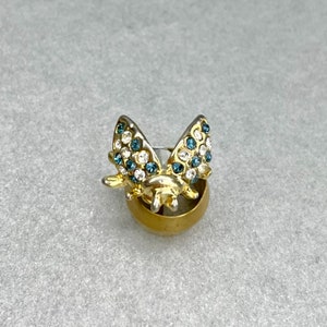 Vintage Miniature Bug Pin, Gold Tone Blue Clear Rhinestones Small Figurine Lapel Flying Insect Pin, Estate Jewelry, Gift for Friend.