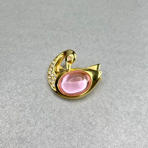 Vintage Schwan Vogel Pin, Gold Ton rosa Cabochon Strass kleine Figur Anstecknadel, Nachlass Schmuck, Geschenk für Freund.