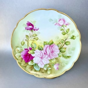 Antique MZ Austria Cabinet Plate, Gold Trim Hand Painted Pink Cabbage Roses Floral Plate, Collectors Gift Idea.