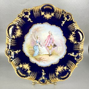 Antique Sèvres Chateau des Tuileries Cabinet Plate, Cobalt Blue Handpainted Courting Couple Gold Trim Artist Signed 9&quot; Plate, Gift Idea.