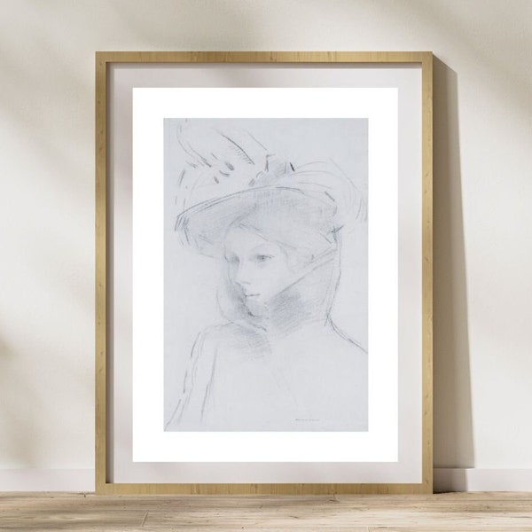 Antique Woman in Hat Sketch Digital Download Print, Vintage Pencil Drawing Wall Art, AI Restored JPG File 300 dpi, 1800s Artist Signed.