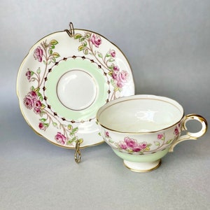 Vintage Adderley England Bone China Teacup and Saucer, Pink Flowers Light Green Tea Cup Set, Collectors Gift Idea.