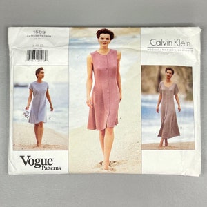 Vintage 1995 Calvin Klein Vogue Sewing Uncut Pattern # 1589, Size 8 10 12, Women’s Front Buttoned Mid-Knee Dress, 1990s Style.